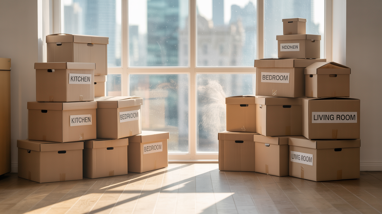 Neatly packed and labeled moving boxes stacked in a room for a full-service pack
